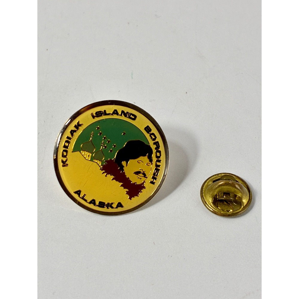 VTG Kodiak Island Borough Alaska Enamel Lapel Pin Gold Tone Souvenir 1 Inch
